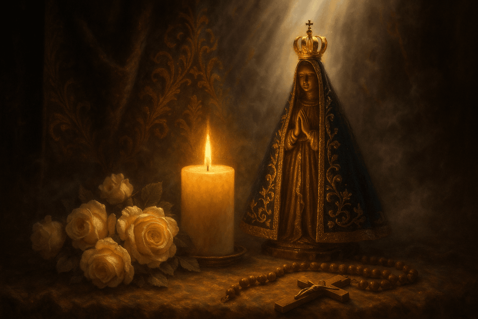 Altar sagrado com vela acesa, manto, rosa branca e Nossa Senhora